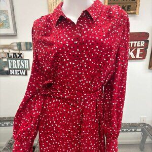 Red Heart‑Print Long‑Sleeve Midi Dress – Excellent Condition